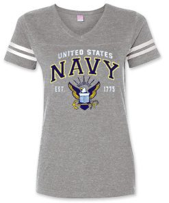 Women's Navy V-Neck T-Shirt - This vintage V-neck jersey style short sleeved T-shirt in light gray has two white stripes on each sleeve- the text "united states" in small white lettering across the top of the chest- "NAVY" in bold dark blue lettering with yellow trim across the center of the chest - and the Navy Logo with an Eagle, shield, and anchor in in blue yellow and white along the bottom of the chest