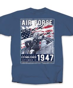 This blue T-shirt features an United States Air Force front and back design featuring the USAF Birthdate in a retro logo. The back imagery is large and bold while the front imagery is small and subtle.
