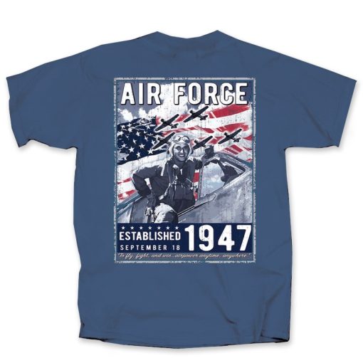 This blue T-shirt features an United States Air Force front and back design featuring the USAF Birthdate in a retro logo. The back imagery is large and bold while the front imagery is small and subtle.