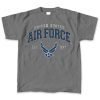 grey short sleeved t shirt with the text "united states air force est 1947" across the chest with the wings logo right below it. all of the text is white except for "air force" which is blue as well as the logo