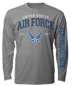 Grey long sleeve T-shirt features the US Air Force Wings logo with the motto, "Fly Fight Win" on the sleeve. 