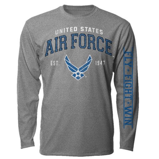 Grey long sleeve T-shirt features the US Air Force Wings logo with the motto, "Fly Fight Win" on the sleeve. 
