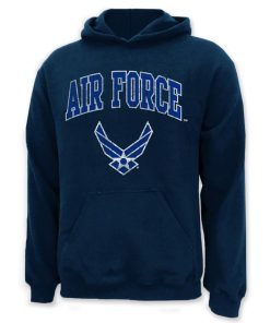 This dark blue sweatshirt features the wings logo of the United States Air Force and the text "AIR FORCE" in vibrant blue with white trimming on the chest. It comes with a front pouch pocket, extra soft fabric inside, and a hood that is double-lined for warmth.