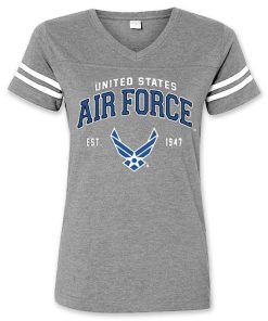 Women's Air Force T Shirt, V Neck, sleeve stripes, Air Force Arnold wings symbol, United States Air Force written above across chest