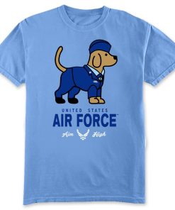 Kids Air Force Puppy T-Shirt - A light blue T-shirt with a golden retriever wearing it's own airmen uniform with "AIR FORCE" in bold dark blue and the USAF Wings Logo just below the puppy