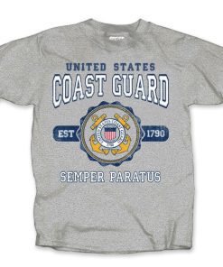 A gray short sleeved T-shirt that says "united states Coast Guard Semper Paratus" with the USCG's official emblem centered below "united states coast guard" and above "semper paratus" the shirt color is gray, the text color is white, and the emblem features the colors, white, red, yellow, and blue
