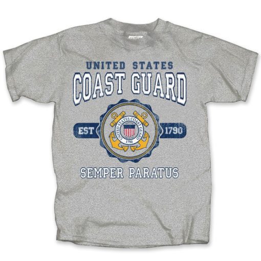 A gray short sleeved T-shirt that says "united states Coast Guard Semper Paratus" with the USCG's official emblem centered below "united states coast guard" and above "semper paratus" the shirt color is gray, the text color is white, and the emblem features the colors, white, red, yellow, and blue