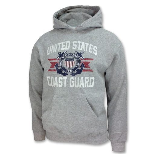 a gray long-sleeved sweatshirt with hood or "hoodie" featuring the US Coast guard emblem in the center with the text "united states" above it, and the text "coast guard" below it. all of the text is white, the emblem features the colors red, white, and, blue,