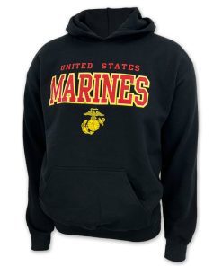 U.S. Marines EGA Hoodie - This black sweatshirt features the text  "United States - MARINES" in red yellow colors along with the classic emblem - Eagle, Globe, & Anchor in yellow. It comes with a front pouch pocket, extra soft fabric inside, and a hood that is double-lined for warmth.