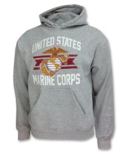 USMC EGA Emblem Hoodie - This gray sweatshirt features the USMC Eagle, Globe, & Anchor emblem (in yellow with red backing) across the chest with the bold text 