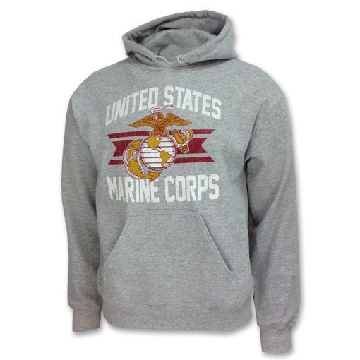 USMC EGA Emblem Hoodie - This gray sweatshirt features the USMC Eagle, Globe, & Anchor emblem (in yellow with red backing) across the chest with the bold text "United States" above and "Marine Corps" below in white.  It comes with a front pouch pocket, extra soft fabric inside, and a hood that is double-lined for warmth.