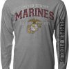 this grey, long sleeved T-shirt features the classic USMC EGA emblem in white and yellow on the chest with "United States" in white and "MARINES" in red above it. The motto, "Semper Fidelis" is featured on one of the sleeves in black. 