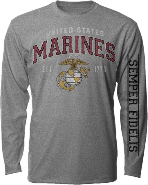 this grey, long sleeved T-shirt features the classic USMC EGA emblem in white and yellow on the chest with "United States" in white and "MARINES" in red above it. The motto, "Semper Fidelis" is featured on one of the sleeves in black. 