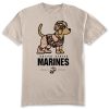 A light tan short sleeved T-shirt with an adorable golden retriever wearing it's own desert cammies with the Text "MARINES" in bold black just below it along with the USMC EGA Emblem