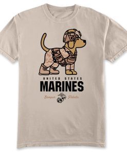 A light tan short sleeved T-shirt with an adorable golden retriever wearing it's own desert cammies with the Text "MARINES" in bold black just below it along with the USMC EGA Emblem