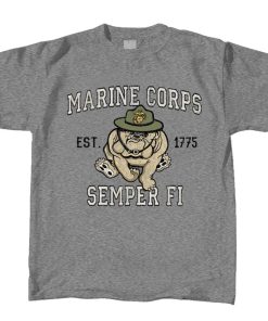 Marines Bulldog Semper Fi T-Shirt - This grey short sleeved T-shirt features the USMC's ever popular mascot, Chesty, the bulldog! It also features the classic motto "Semper Fi" just below the bulldog and the text "Marine Corps" just above it.