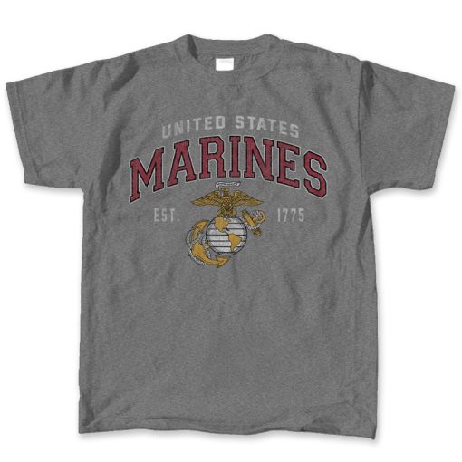 EGA Marine Corps T-Shirt - This grey short sleeved T-shirt features the USMC Eagle, Globe, & Anchor emblem in yellow and white. on the center of the chest. Right above the emblem is the text "United States" in white and "MARINES" in red.