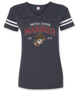 Women's EGA Marines T-Shirt - vintage V-neck jersey style short sleeved T-shirt in dark gray with two white strips on each of the sleeves and the text "United States" in white along the top of the chest - the text "MARINES" in larger bold red lettering on the center of the chest- and the EGA emblem just below it all in white and yellow