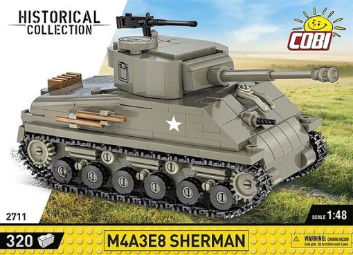 2711 COBI Sherman Tank - This is an American tank from the end of the Second World War. The end of the conflict in Europe did not end the service of this model though. In the following years, the Sherman joined the US armored forces during the Korean War (1950-53). It's commonly known as "Easy-Eight" or "E8". It is a faster, slightly better, armored version of the M4 Sherman. It was equipped with an improved 76mm gun and a new chassis with HVSS spring system. This model has a movable cannon, a rotating turret and a working caterpillar traction. All graphic details are high-quality prints that do not wear off even during intensive use. The design uniquely reflects the original shapes of its historical prototype. This tank is perfect for enthusiasts of military technology and everyone, regardless of age, who loves history and construction!