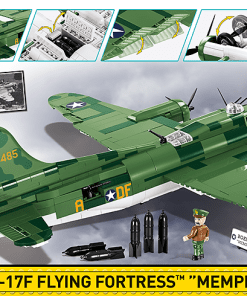 The Flying Fortress is the largest block model of an airplane that has been released by COBI so far. It has movable elements such as wheels, wing ailerons, on-board weapons and propellers. Below the deck there is an opening hatch from which the included bombs fall out. The plane is covered with high-quality prints that do not wear off even during intense play. The prints reflect the painting of the plane from the war period. On the cabin, there is a specially prepared print of the mascot "Beauties of Memphis".