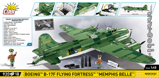 The Flying Fortress is the largest block model of an airplane that has been released by COBI so far. It has movable elements such as wheels, wing ailerons, on-board weapons and propellers. Below the deck there is an opening hatch from which the included bombs fall out. The plane is covered with high-quality prints that do not wear off even during intense play. The prints reflect the painting of the plane from the war period. On the cabin, there is a specially prepared print of the mascot "Beauties of Memphis".