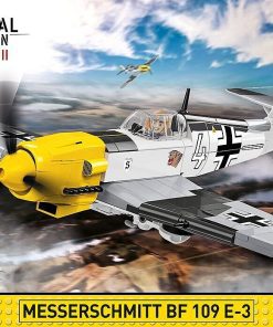 COBI 5727 Messerschmitt Bf 109 E-3 Block Kit - The Messerschmitt BF-109 E-3 is a completely new design adapted to the 1:32 scale. The plane is even bigger and contains more details reproduced by 333 COBI construction blocks. The plane has a movable propeller and ailerons. Its rotating wheels with rubber tires slide out of the undercarriage in the take-off or landing position. The pilot's cabin can be opened to seat a figurine at the controls, which also has an imprint on the back! The plane has been covered with high-quality prints that do not wear off even during intense play. The prints reflect the painting and equipment of the plane from the war period. The set also includes a special stand, which makes the display of the model more attractive, and a plate with the name of the plane.