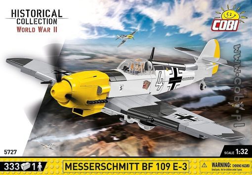 COBI 5727 Messerschmitt Bf 109 E-3 Block Kit - The Messerschmitt BF-109 E-3 is a completely new design adapted to the 1:32 scale. The plane is even bigger and contains more details reproduced by 333 COBI construction blocks. The plane has a movable propeller and ailerons. Its rotating wheels with rubber tires slide out of the undercarriage in the take-off or landing position. The pilot's cabin can be opened to seat a figurine at the controls, which also has an imprint on the back! The plane has been covered with high-quality prints that do not wear off even during intense play. The prints reflect the painting and equipment of the plane from the war period. The set also includes a special stand, which makes the display of the model more attractive, and a plate with the name of the plane.