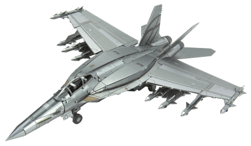 Metal Earth F/A 18 Super Hornet - example image of the FA18 super hornet 3d model metal earth kit fully assembled (completely steel silver in color)