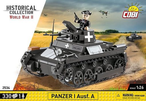 COBI Panzer I Ausf. A Tank - dark grey german tank. The set includes a figure of a German tank commander armed with a Parabellum pistol.