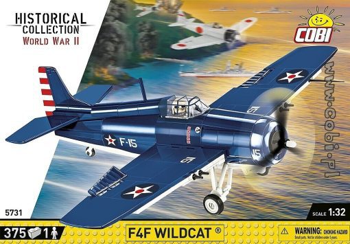 COBI 5731 F4F Wildcat - The plane, mapped to a scale of 1:32, was released under the license of the Northrop Grumman aviation company! It has a movable propeller, ailerons and rotating wheels with rubber tires. The cockpit can be opened to place a heroic pilot figure at the controls. The plane has been covered with high-quality prints that do not wear off even during intensive use. Stickers are not included in this set. The prints reflect the historical painting and equipment of the aircraft from the Pacific War period. The set also includes a special stand, which makes the display of the model more attractive, and a plate with the name of the plane. The plane is a perfect complement to the collection and a perfect pair for the released Mitsubishi A6m2 "ZERO-SEN" kit.