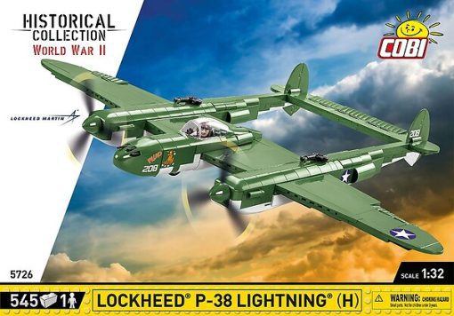 COBI Lockheed P-38H Lightning - P-38 LIGHTNING was released under the original license of the American defense company Lockheed Martin. Accurately reproduced in a modeling scale of 1:32, the plane consists of 545 COBI construction blocks. The model is covered with high-quality prints that do not wear off even during intensive use. It is worth paying attention to the characteristic markings and emblems referring to the historical machine bearing the number 208 and the symbol of the dog Pluto. The plane has rotating propellers, folding landing gear, movable ailerons and an opening cockpit, where you can place a well-designed pilot figure. The whole set is completed with a brick with the name of the set and the Lockheed Martin logo printed on it! This famous plane is the perfect gift idea for fans of aviation, history and technology. It will certainly satisfy even picky collectors and young people fascinated by blocks. Build history, brick by brick with COBI!