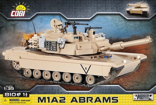 COBI M1A2 Abrams Tank - From the world of COBI comes a model of the Abrams M1A2. The model has been mapped on a sensational scale of 1:35. High-quality prints add to the fantastic detail of this model. The vehicle has a working track and opening hatches where you can place the crewmen. The vehicle tower and barrel both move The Abrams has been enriched with numerous additions such as sacks, spare tracks, a petrol canister and two machine guns. The opening flap allows access to the engine recreated from the bricks. The set is accompanied by a figure of an American Tank personnel who is equipped with binoculars & helmet.