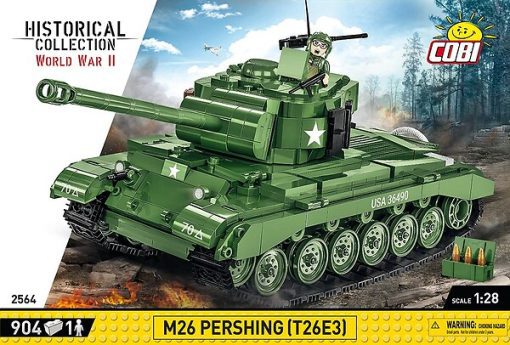 COBI M26 Pershing Tank - The set has been carefully designed in 1:28 scale using 904 COBI construction blocks. The tank model has movable elements such as: working caterpillar traction, rotating wheels, raised and lowered cannon barrel, rotating turret, opening hatches and engine service hatch. The set includes a new figure of a tanker. The blocks and the figurine are covered with high-quality prints that do not wear off during intensive use. The whole set is completed with a plate with the name of the model. Thanks to the simple and intuitive instructions, the set provides exciting construction. A realistic block model will certainly attract the attention of not only mature but also younger fans of blocks, history and military technology. It is a perfect complement to the COBI Historical Collection dedicated to the Second World War.