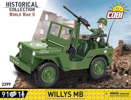 COBI 2399 Willys MB - The characteristic shapes of the historical vehicle have been faithfully reproduced using high-quality bricks. Rotating wheels equipped with tires are ideal for moving the model while playing. Under the tilting hood there is a mapped engine, which, like the interior of the vehicle, can be freely modified according to your needs. The set includes a figure of an American soldier.