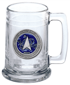 Space Force 14 ounce glass stein with USSF pewter emblem
