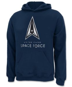 space force hoodie in the color navy blue featuring the delta logo in silver and black