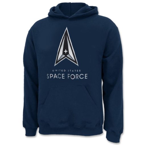 space force hoodie in the color navy blue featuring the delta logo in silver and black