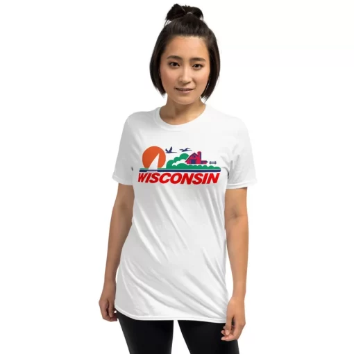 WI License Plate white short sleeved t shirt on an adult female model