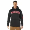 Front view of black Rothco hoodie featuring red embroidered "Marines "lettering across chest and EGA on left sleeve