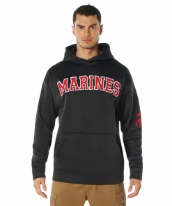 Front view of black Rothco hoodie featuring red embroidered "Marines "lettering across chest and EGA on left sleeve