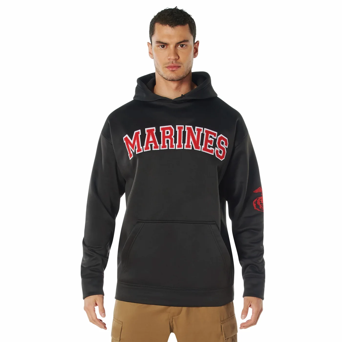 Front view of black Rothco hoodie featuring red embroidered "Marines "lettering across chest and EGA on left sleeve