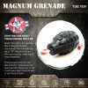 Black Grenade tug toy with red and white rope attached and hole in the bottom for treats