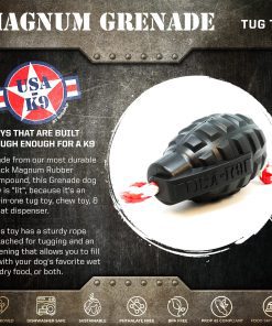 Black Grenade tug toy with red and white rope attached and hole in the bottom for treats