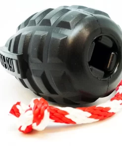 back view of the black grenade tug toy, showing the hole that can be used to stuff the toy with treats or dog safe peanut butter