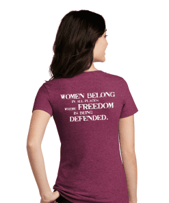 Back of the Women Belong Veteran T in the color Raspberry Red with white text