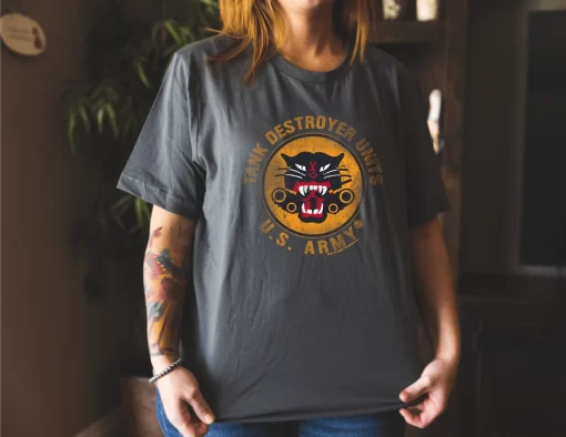 Tank Destroyer T-Shirt loose fit on a female model