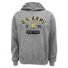 Army distressed "This We'll Defend" pullover hoodie in heather gray, unisex fit, with distressed screen print graphic