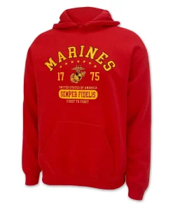 Marines distressed "Semper Fidelis" pullover hoodie in red, unisex fit, with distressed screen print graphic