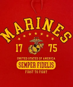 Closeup of Marines "Semper Fidelis" distressed screen print graphic with "Eagle, Globe and Anchor," "1775," and "First to Fight" on red pullover hoodie