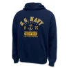 Navy distressed "Forged By The Sea" pullover hoodie in navy blue, unisex fit, with distressed screen print graphic